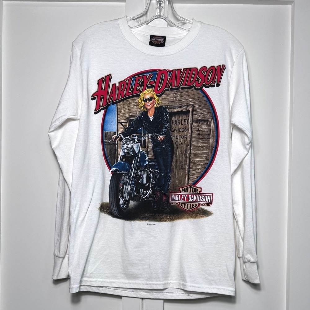 Harley-Davidson Paris TX Long Sleeve Graphic T-Shirt White Small Pinup Biker